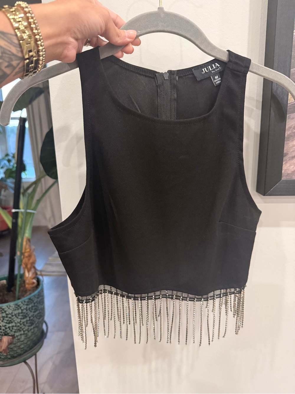 SHEIN Black Cropped Fringe Chain-Trim Tank